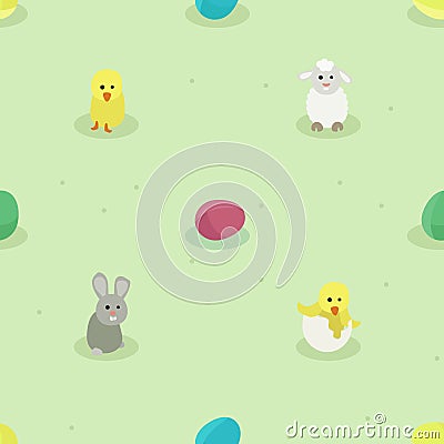 Bunny, small chicken, sheep and Easter eggs Vector Illustration