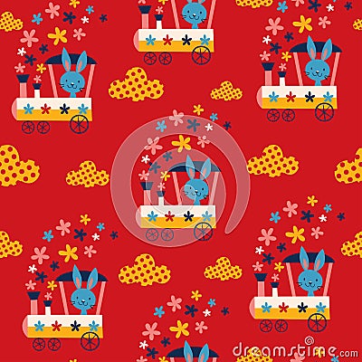 Bunny train kids seamless pattern Vector Illustration