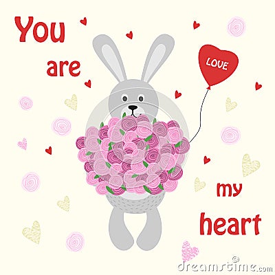 Bunny Valentine Rabbit with a bouquet of flowers and a balloon Vector Illustration