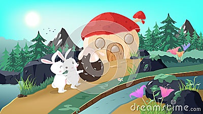 Bunny in wonderland, rabbit pushing egg to mushroom house, fantasy tale story, animals wildlife in nature poster background, Vector Illustration