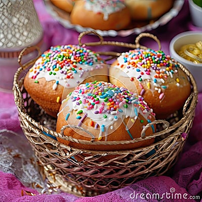 buns with color sprinkles baked for the holiday in a basket Stock Photo