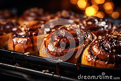 buns with caramel and nuts on a baking sheet Stock Photo