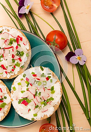 Buns with cottage cheese and fresh radish Stock Photo