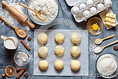 Buns dough mixing recipe bread, pizza or pie making ingridients, food flat lay Stock Photo