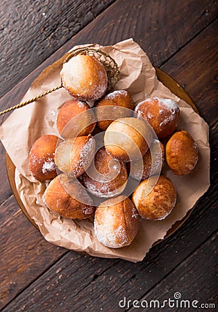 Bunuelos Mexican fritters golden, crispy-sweet, tortilla-like fritters. pile of bunyols de Quaresma, typical pastries of Stock Photo