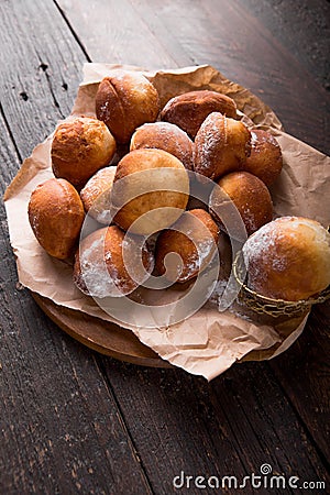 Bunuelos Mexican fritters golden, crispy-sweet, tortilla-like fritters. pile of bunyols de Quaresma, typical pastries of Stock Photo