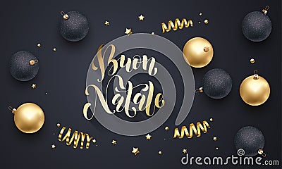 Buon Natale Italian Merry Christmas golden decoration, hand drawn gold calligraphy font for greeting card black background. Vector Vector Illustration