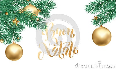 Buon Natale Italian Merry Christmas holiday golden hand drawn calligraphy text for greeting card of Christmas star ornament decora Vector Illustration