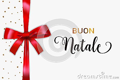 Buon Natale Merry Christmas italian typography. Christmas vector card with blue realistic bow and golden stars Vector Illustration