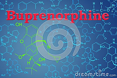 Buprenorphine. Chemical formula, molecular structure. 3D rendering Stock Photo