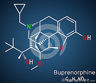 Buprenorphine morphinane alkaloid molecule. It is semisynthetic opioid analgesic, used for management of severe pain. Dark blue Vector Illustration