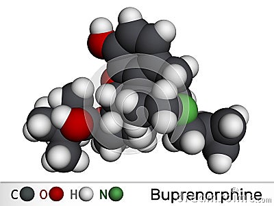 Buprenorphine morphinane alkaloid molecule. It is semisynthetic opioid analgesic, used for management of severe pain Stock Photo