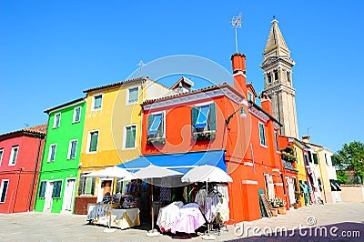 Burano island square with multicolored houses Stock Photo