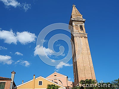 Burano, Venezia, Italy. Colorful houses in Burano island and the famous crooked bell tower Editorial Stock Photo