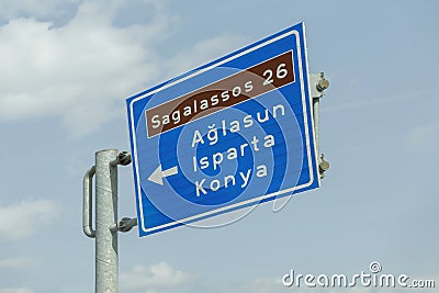Burdur - Turkey - 03.30. 2022 :Sagalassos ancient city road sign. Traffic direction sign. Road sign Editorial Stock Photo