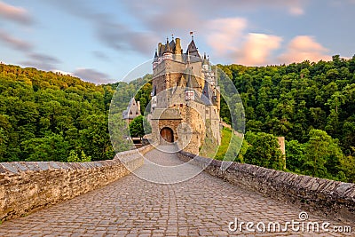 Burg Eltz castle in Rhineland-Palatinate at sunset Editorial Stock Photo