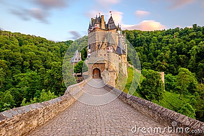 Burg Eltz castle in Rhineland-Palatinate at sunset Editorial Stock Photo