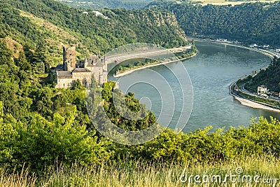 Burg Katz - Cat Castle with Lorelei rock in the Rhineland-Palatinate, St. Goarshausen Stock Photo