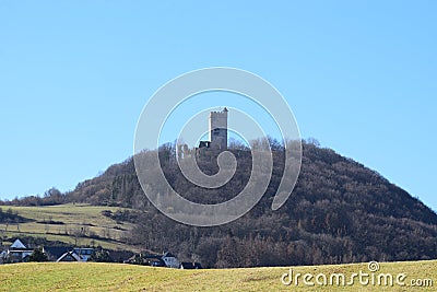 Burg OlbrÃ¼ck above village Hain in the Eifel Stock Photo