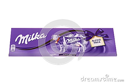 BURGAS, BULGARIA - MAY 17, 2017: Milka Swiss milk chocolate bar isolated on white background. Milka Alpine Milk chocolate bar made Editorial Stock Photo