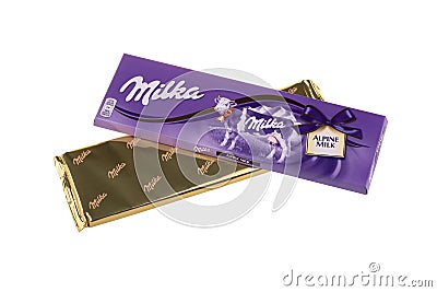 BURGAS, BULGARIA - MAY 17, 2017: Milka Swiss milk chocolate bar isolated on white background. Milka Alpine Milk chocolate bar made Editorial Stock Photo