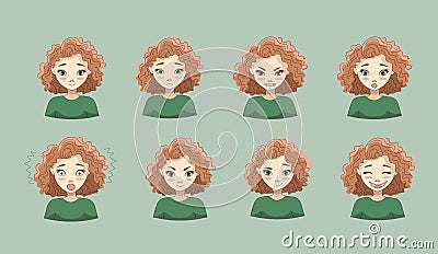 Cartoon style red girl face expression. black solid outline Vector Illustration