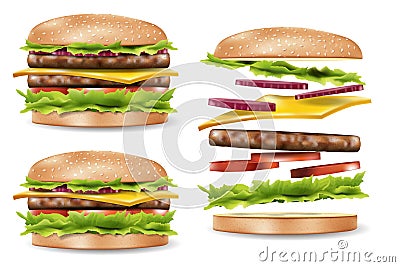 Burger ads for your design, delicious hamburger mockup side view. Jumping Realistic Burger with refreshing ingredients Vector Illustration