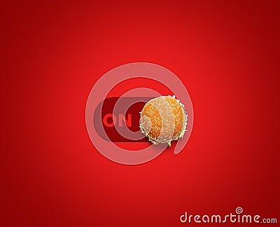 Burger ON- burger on red background shop on concept. Digital fast food or restaurant open concept. We are open. Stock Photo