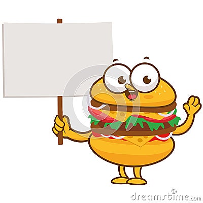 Hamburger character holding a blank sign. Vector illustration Vector Illustration