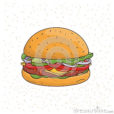 Burger with cheese, cucumber, cutlet, lettuce, onion, sauce, tomato, beef and salad. Colorful hand drawn vector Vector Illustration