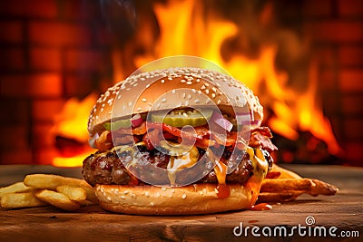 Burger with cheese, sauce, bacon, onion and cucumber on a wooden board, fire in the background Vector Illustration