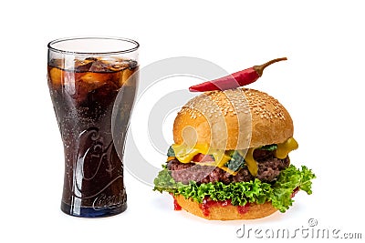 Burger with chili pepper and glass of cold coke Editorial Stock Photo