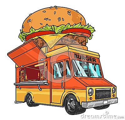 Burger delivery truck sticker colorful Vector Illustration