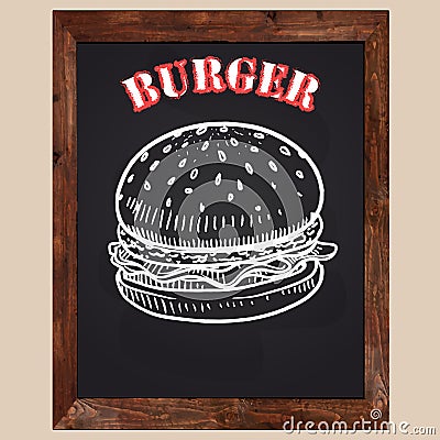 Burger drawn with chalk on a black background Vector Illustration