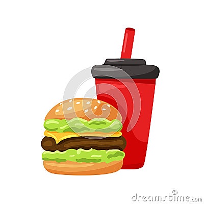 Burger with drink. Hamburger, cola in red paper cup with straw, plastic lid. Flat hand drawn icon. Traditional american fast food Vector Illustration