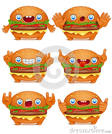 Burger emoticon cartoon character collection. Stock Photo