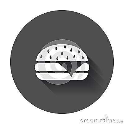 Burger fast food flat vector icon. Hamburger symbol logo illustration on black round background with long shadow. Vector Illustration