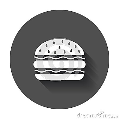 Burger fast food flat vector icon. Hamburger symbol logo illustration on black round background with long shadow. Vector Illustration