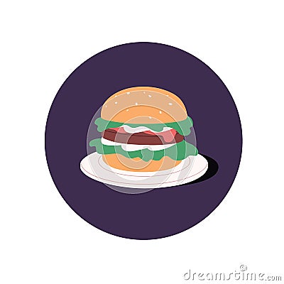 Burger, fast food icon. Abstract hamburger with lettuce, meat cutlet and sauce between buns. American sandwich with Vector Illustration