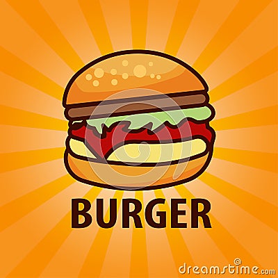 Burger fast food meal advertising poster with rays and lettering inscription. Delicious hamburger or cheeseburger promotional Vector Illustration