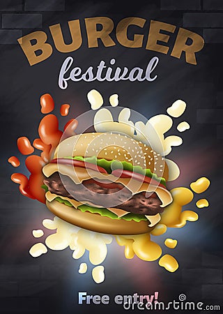 Burger Festival Vertical Banner, Tasty Hamburger Vector Illustration