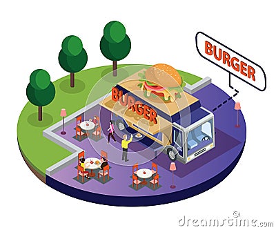 Burger Food Truck Isometric Artwork where there is a park beside and people are eating food. Stock Photo