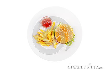 Burger and French fries on plate isolated white Stock Photo