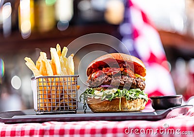 Burger and french fries meal in american restaurant Stock Photo