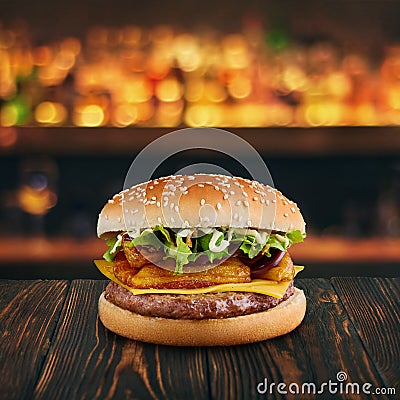 Burger with fried patato and cheese at wooden tabletop with blurred bar at backdrop . Fastfood advertising concept Stock Photo