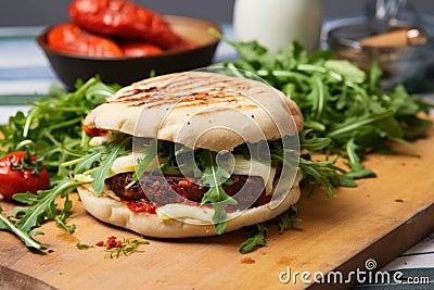 burger with grilled halloumi cheese, rocket salad and sun-dried tomatoes Stock Photo
