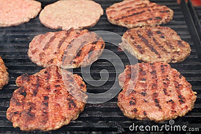 Burger Grilling on Fire. Homemade Hamburgers. Grill Meatballs. Making Hamburgers on a Grill Outdoor. Barbecue Grill Party. Meat Ov Stock Photo