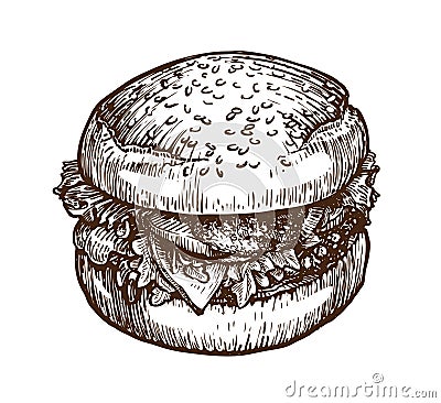 Burger, hamburger sketch. Fast food concept. Hand-drawn vector illustration Vector Illustration