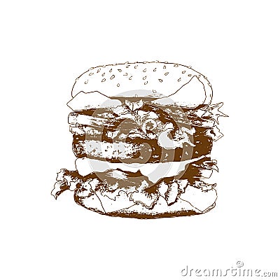 Burger hamburger sketch hand drawing, imprint, stamp, silhouette, contour, isolated, white background. Vector Illustration
