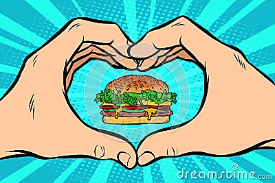 Burger, hand gesture heart Vector Illustration